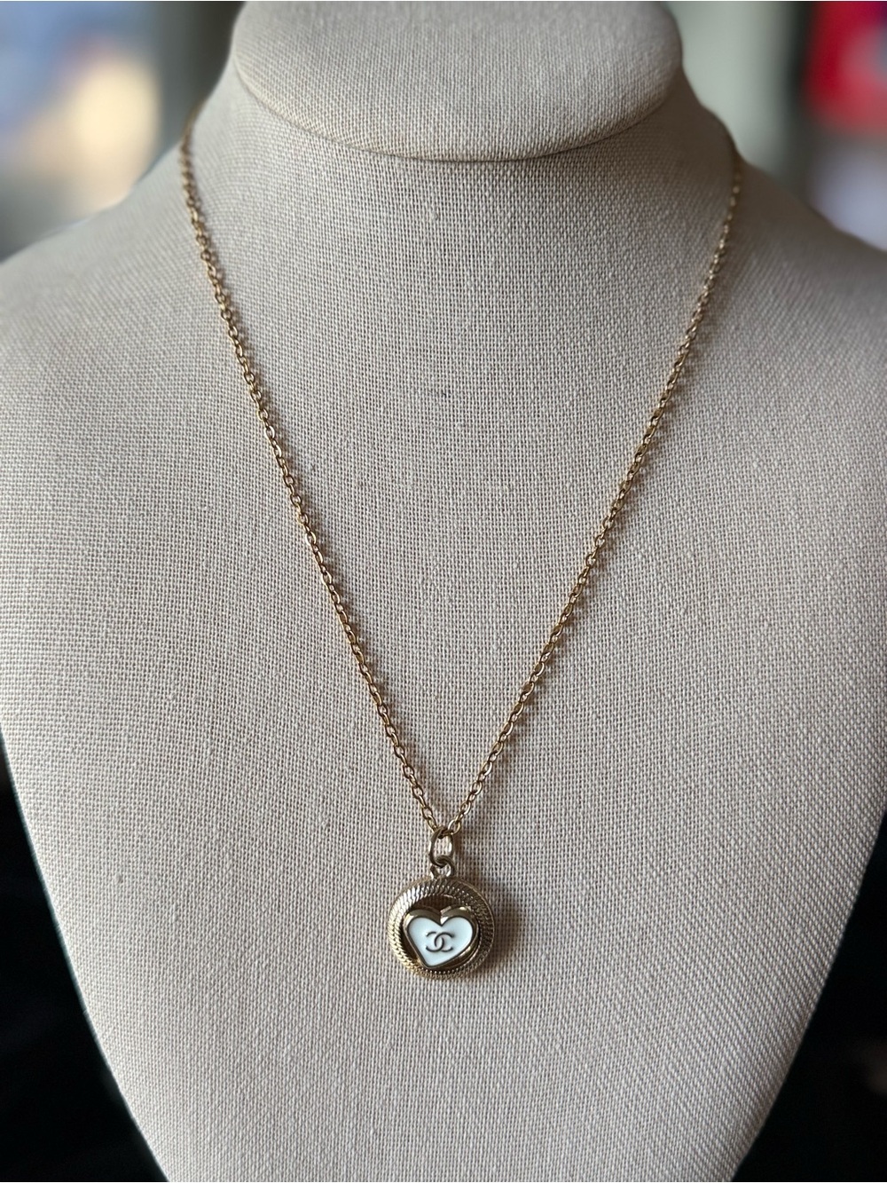 ChaneI Gold Necklace with White Enamel Logo Heart Pendant - Picture 4 of 9